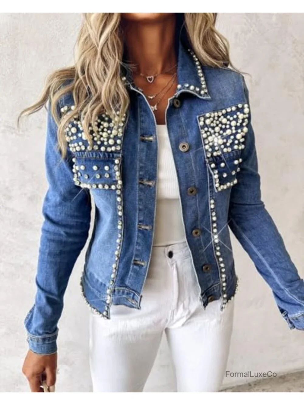 Pearls Denim Jacket Cropped Rhinestone Button Down Jean Coat